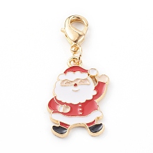 Honeyhandy Christmas Themed Alloy Enamel Pendants, with Brass Lobster Claw Clasps, Santa Claus, Colorful, 37mm