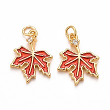 Autumn Theme Brass Cubic Zirconia Charms, with Enamel, Cadmium Free & Lead Free, Golden, Maple Leaf, Crimson, 15x11x1.5mm, Hole: 2mm