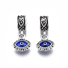 Honeyhandy Alloy Enamel European Dangle Charms, Evil Eye, Large Hole Pendants, Antique Silver, Blue, 23.5mm, Hole: 5mm