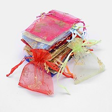 Honeyhandy Gold Stamping Butterfly Rectangle Organza Gift Bags, Jewelry Packing Drawable Pouches, Mixed Color, 9x7cm