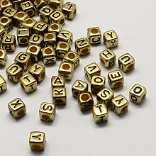 Honeyhandy Antique Golden Plated Large Hole Acrylic European Beads, Horizontal Hole, Cube with Letter, Mixed, 6x6x6mm, Hole: 4mm