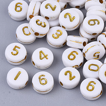 Honeyhandy Plating Acrylic Beads, Golden Metal Enlaced, Flat Round with Number, White, Mixed, 7x4mm, Hole: 1.2mm, about 340pcs/50g.