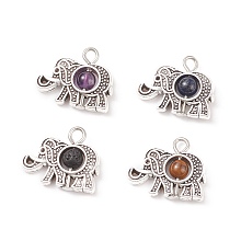 Honeyhandy Natural Mixed Stone Pendants, Elephant Charm, with Antique Silver Tone Alloy Findings, 14.5x18x4.5mm, Hole: 2mm