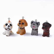 Honeyhandy Resin Puppy Pendants, with Platinum Tone Iron Findings, Dog, Mixed Color, 36~37x20~21x22~23mm, Hole: 2mm