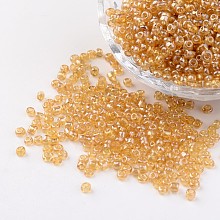 Honeyhandy Round Glass Seed Beads, Trans. Colours Lustered, Pale Goldenrod, Size: about 3mm in diameter, hole: 1mm, about 1097pcs/50g