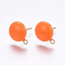 Honeyhandy Ion Plating(IP) 304 Stainless Steel Stud Earring Findings, with Loop, Enamel, Flat Round, Golden, Orange, 12.5x10x2mm, Hole: 1.2mm, Pin: 0.8mm