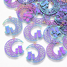 Honeyhandy Ion Plating(IP) 201 Stainless Steel Kitten Pendants, Etched Metal Embellishments, Crescent Moon with Couple Cat Shape, Rainbow Color, 22x19x0.3mm, Hole: 1.2mm