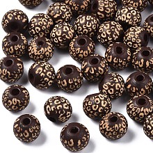 Honeyhandy Painted Natural Wood Beads, Laser Engraved Pattern, Round with Leopard Print, Coconut Brown, 10x8.5mm, Hole: 2.5mm