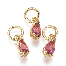 Honeyhandy Brass Micro Pave Cubic Zirconia Charms, with Jump Ring, Long-Lasting Plated, Real 18K Gold Plated, Faceted, Teardrop, Deep Pink, 8x3x3mm, Hole: 3mm