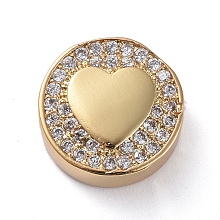 Honeyhandy Brass Micro Pave Cubic Zirconia Beads, Flat Round with Heart, Clear, Golden, 12x5mm, Hole: 2mm