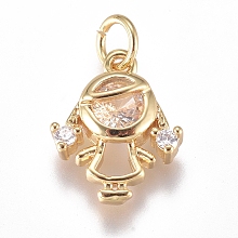 Honeyhandy Brass Micro Pave Cubic Zirconia Pendants, with Jump Ring, Long-Lasting Plated, Girl, Clear, Golden, 11.5x9.5x3mm, Hole: 3mm