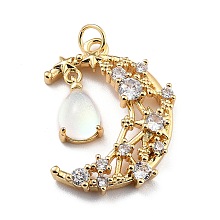 Honeyhandy Brass Micro Pave Cubic Zirconia Pendants, with Glitter Powder Glass & Jump Ring, Long-Lasting Plated, Real 18K Gold Plated, Moon & Teardrop, Lead Free & Cadmium Free, White, 27.5x20x5mm, Jump Ring: 5x0.7mm, Inner Diameter: 3.6mm, Teardrop: 12x7x5mm