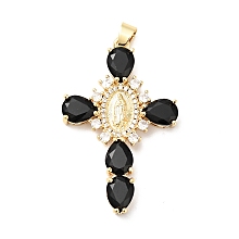 Honeyhandy Rack Plating Brass Micro Pave Cubic Zirconia Pendants, Cadmium Free & Lead Free, Real 18K Gold Plated, Cross with Saint, Black, 45.5x29x6mm, Hole: 4x6mm