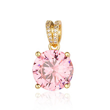 Honeyhandy Brass Micro Pave Pink Cubic Zirconia Pendants, Flat Round Charms, Real 18K Gold Plated, 24x14x9mm