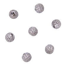 NBEADS 10pcs 8mm Brass Clear Crystal Cubic Zirconia CZ Stones Pave Micro Setting Disco Ball Spacer Beads, Round Bracelet Connector Charms Beads for Jewelry Making