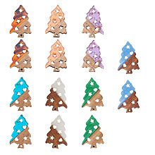 Transparent and Opaque Resin & Walnut Wood Pendants, Christmas Tree, Mixed Color, 40x26.5x3mm, Hole: 2mm, 7 colors, 2pcs/color, 14pcs/set