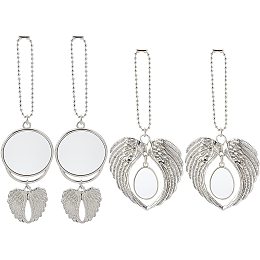 SUPERFINDINGS 4 Sets 2 Styles Heat Sublimation Car Keychain Ornament Decorations Flat Round Angel Wing Shape Blank Hot Transfer Printing Pendant for Jewelry Making