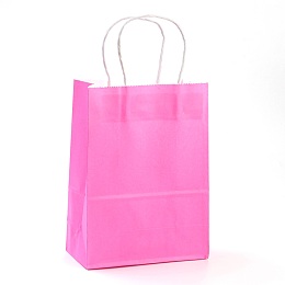 Honeyhandy Pure Color Kraft Paper Bags, Gift Bags, Shopping Bags, with Paper Twine Handles, Rectangle, Hot Pink, 33x26x12cm