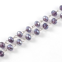 Honeyhandy Handmade Rondelle Glass Beads Chains for Necklaces Bracelets Making, with Iron Eye Pin, Unwelded, Platinum, Medium Orchid, 39.3 inch, about 88pcs/strand