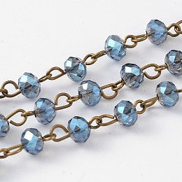 Handmade Electroplate Glass Faceted Rondelle Beads Chains for Necklaces Bracelets Making, with Antique Bronze Plated Brass Eye Pin, Unwelded, Steel Blue, 39.4 inches; about 92pcs/strand