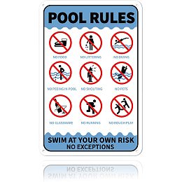 GLOBLELAND Pool Rules Swim at Your Own Risk No Exceptions Sign 8x12 inches 35 Mil Aluminum Warning Sign, UV Protected and Waterproof