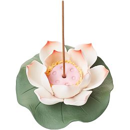 GORGECRAFT Orange Red Lotus Incense Holder Porcelain Incense Burners Home Office Teahouse Zen Buddhist Supplies Ceramic Stick Holder with Lotus Leaf for Yoga Studio Decor Meditation, 90mm