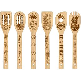 GLOBLELAND 6Pcs Pineapple Bamboo Cooking Utensils Wooden Engraved Cooking Spoons Set Carving Kitchen Bamboo Spatula Set Wood Cooking Spoon for Kitchen Fun House Warming Gift