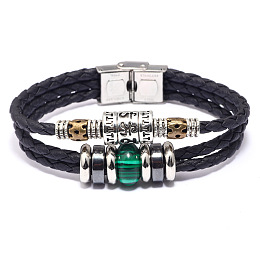 Honeyhandy Leather Multi-strand Bracelets, with Malachite, Synthetic Hematite, Alloy Findings and Stainless Steel Clasps, 8-1/8 inch(20.5cm), 13mm