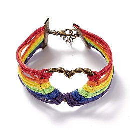 Honeyhandy Rainbow Pride Bracelet, Heart Link Wide Bracelet, Waxed Cords Bracelet for Men Women, Colorful, 9-3/8 inch(23.8cm)