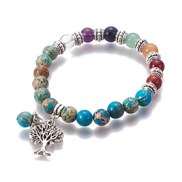 Honeyhandy Chakra Jewelry, Natural Regalite/Imperial Jasper/Sea Sediment Jasper Bracelets, with Metal Tree Pendants, 50mm