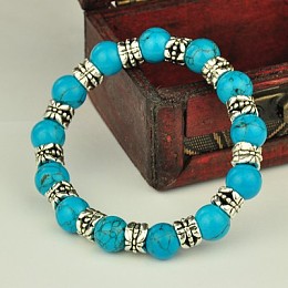 Honeyhandy Fashion Tibetan Style Bracelets, Stretch Bracelets, with Gemstone Beads, Synthetic Turquoise, 53mm