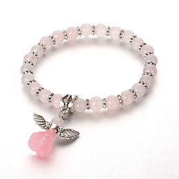 Honeyhandy Trendy Natural Rose Quartz Beaded Acrylic Charm Bracelets, with Tibetan Style Alloy Beads, Lovely Wedding Dress Angel Dangle, Antique Silver, 48mm