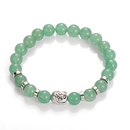 Honeyhandy Buddha Head Gemstone Beaded Stretch Bracelets, with Tibetan Style Beads and Brass Beads, Green Aventurine, 55mm