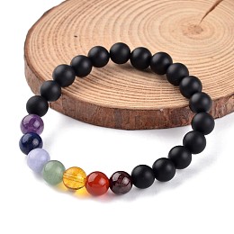 Honeyhandy Chakra Natural Black Agate(Dyed) Beaded Stretch Bracelets, with Gemstone Beads, 55mm