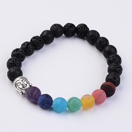 Honeyhandy Natural Lava Rock & Gemstone Stretch Beads Bracelets, with Alloy Buddha Head, Antique Silver, 2-1/8 inch(53mm)