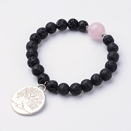 Honeyhandy Alloy Charm Bracelets, with Natural Lava Rock Beads and Rose Quartz, 2-1/8 inch(54mm)