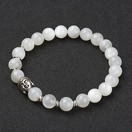 Honeyhandy Natural White Moonstone Stretch Bracelets, with Brass Beads & Alloy Buddha Head Beads, Round, 2-1/8 inch(55mm)