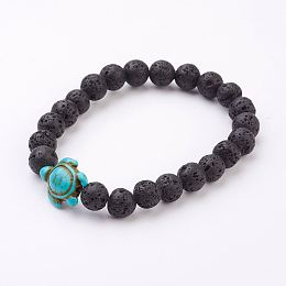 Honeyhandy Lava Rock Beaded Stretch Bracelets, with Synthetic Turquoise(Dyed) Tortoise Bead, 2-1/8 inch(54mm)