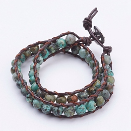 Honeyhandy Two Loops Natural African Turquoise(Jasper) Wrap Bracelets, with Cowhide Leather Cord and 304 Stainless Steel Sewing Buttons, with Burlap Paking Pouches Drawstring Bags, 14.6 inch(370mm)