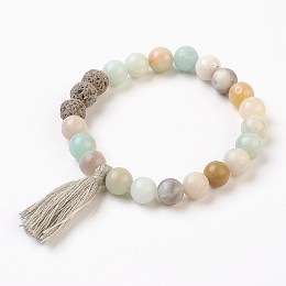 Honeyhandy Natural Flower Amazonite and Lava Rock Beads Stretch Charm Bracelets, with Tassels, Beige, 2 inch(5cm), Tassels: 34x12mm