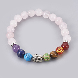 Honeyhandy Natural Rose Quartz Stretch Bracelets, Chakra Jewelry, with Mixed Stone and Resin Beads, Metal Findings and Burlap Packing, Round, Buddha, 2 inch~2-1/8 inch(5.2~5.5cm)