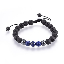 Honeyhandy Natural Lava Rock and Non-Magnetic Synthetic Hematite Beads Braided Bead Bracelets, with Natural Lapis Lazuli(Dyed), 2-1/8 inch~3 inch(5.3~7.8cm)