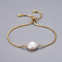 Honeyhandy Brass Slider Bracelets, Bolo Bracelets, with Natural Baroque Pearl Keshi Pearl Beads, White, 9 inch(23cm), 1.3mm