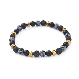 Honeyhandy Stretch Bracelets, with Electroplate Glass Beads, Natural Lava Rock, Natural Black Agate(Dyed) and Natural Snowflake Obsidian Beads, 2-1/8 inch(5.5cm)