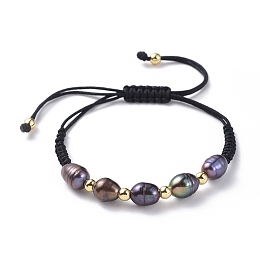 Honeyhandy Braided Bead Bracelets, with Natural Cultured Freshwater Pearl Beads, Brass Beads and Nylon Thread, Black, 1-1/8 inch~2-7/8 inch(3~7.8cm)