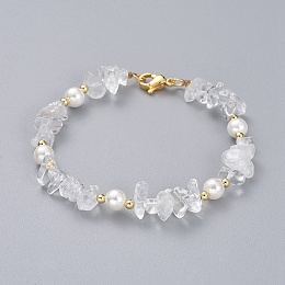 Honeyhandy Natural Quartz Crystal Chip Beaded Bracelets, with Shell Pearl Round Beads, Brass Beads and 304 Stainless Steel Lobster Claw Clasps, 7-1/4 inch(18.5cm)