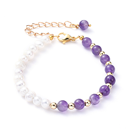 Honeyhandy Natural Pearl & Natural Amethyst Beaded Bracelets, with Iron Chain Extender, 304 Stainless Steel Lobster Claw Clasps and Brass Beads, 7-1/4 inch(18.5cm)