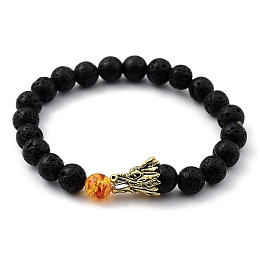 Honeyhandy Men's Natural Lava Rock Stretch Beaded Bracelets, with Resin Imitation Amber Beads and Dragon Head Alloy Beads, Antique Golden, Inner Diameter: 2-1/8 inch(5.5cm)