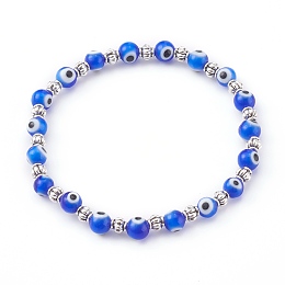 Honeyhandy Handmade Round Evil Eye Lampwork Beaded Stretch Bracelets, with Alloy Spacer Beads, Antique Silver, Blue, Inner Diameter: 2 inch(5.2cm)