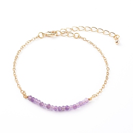 Honeyhandy February Birthstone Natural Amethyst Beaded Bracelets, with Brass Cable Chains, Faceted Round, Golden, 7-1/4 inch(18.5cm)